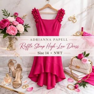 Adrianna Papell Satin Crepe High-Low Ruffle Strap Dress Pink Lotus Size 14 NWT